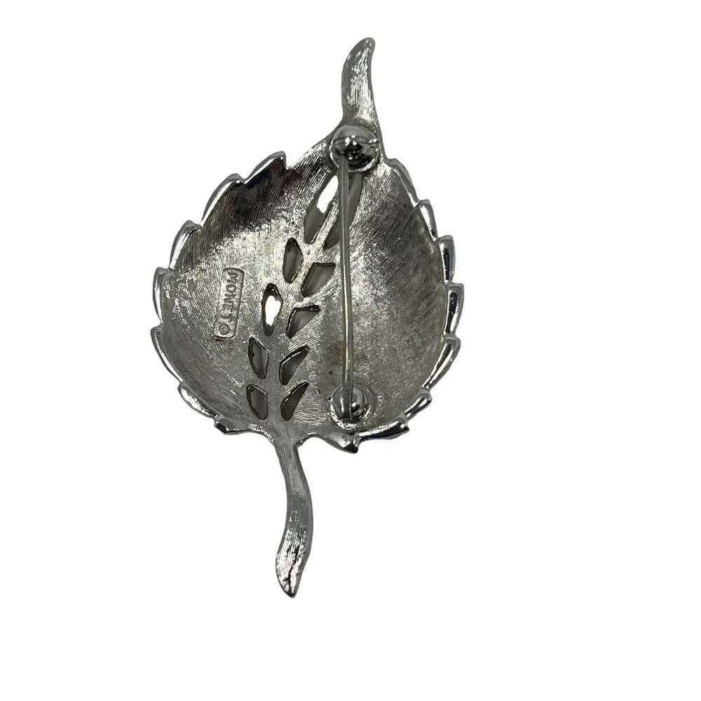 Monet Leaf‎ Brooch Silver Tone Brushed Textured Signed Vintage Pin